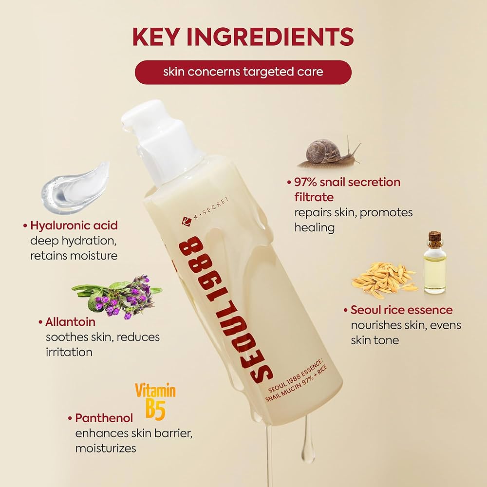 K-SECRET SNAIL MUCIN ESSENCE SERUM – 97% SNAIL SECRETION & RICE FERMENT | HYDRATING, SOOTHING & BALANCING – SEOUL 1988 KOREAN SKINCARE (100ML)
