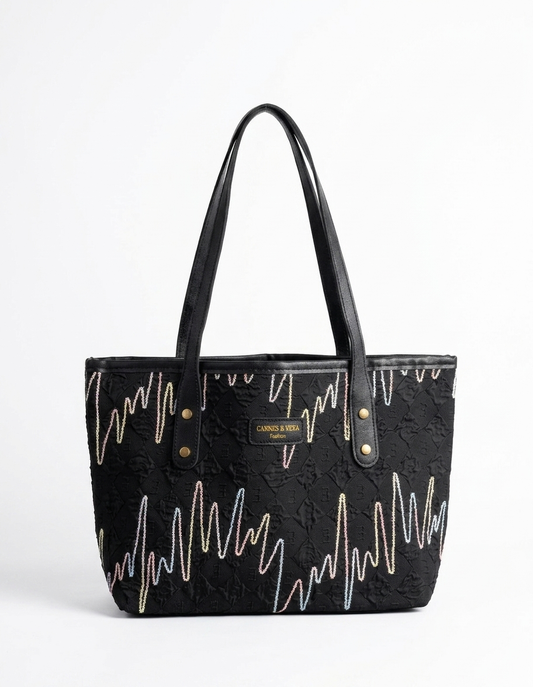 EMBROIDERED ZIGZAG TEXTURED TOTE BLACK SHOULDER BAG